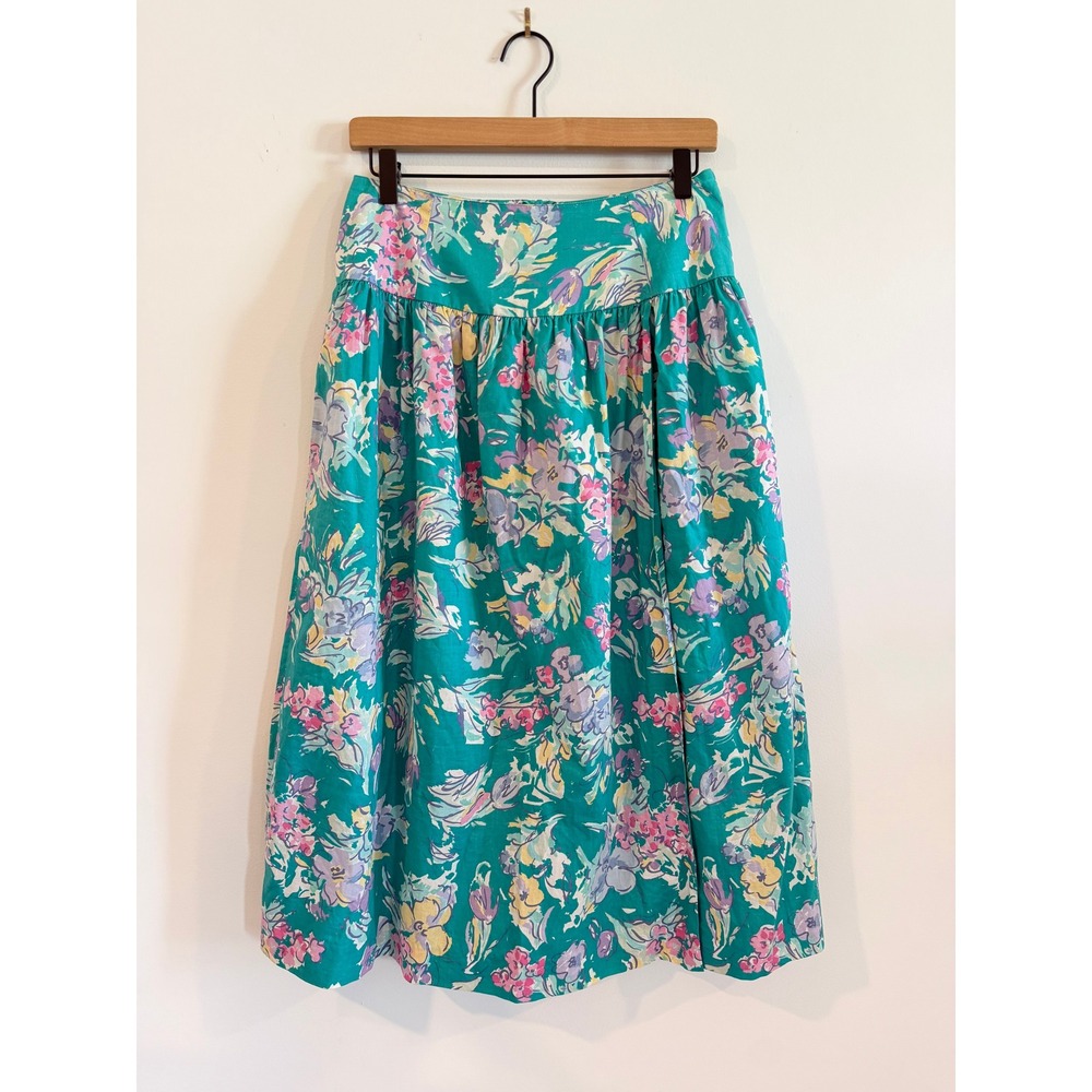 Vintage Laura Ashley Floral Cotton Midi Skirt Teal Green Cottagecore USA 12